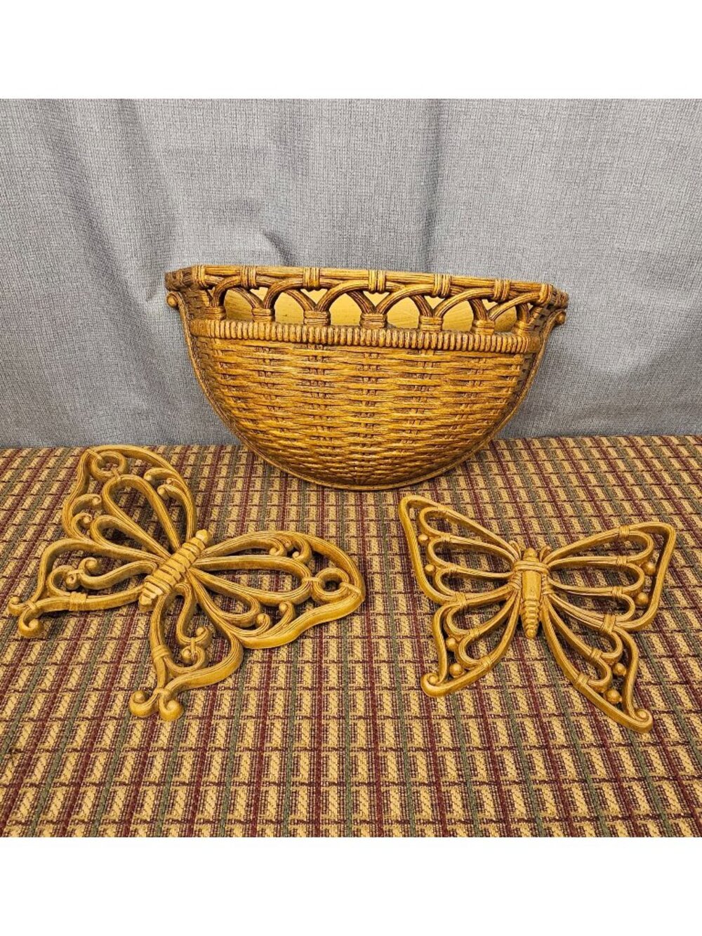 Vintage Homco Rattan Wall Basket & Butterfly Wall Art Set